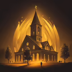 a digital painting of a church at night with the light on