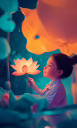 a little girl holding a flower in front of balloons