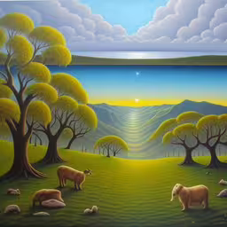 an artistic painting of sheep grazing in a scenic landscape with the sun setting,a painting of sheep graze on a field with mountains in the background,several sheep and their babies on a grassy hill,several sheep are in a meadow, grazing on grass,an abstract painting of sheep and trees against a landscape