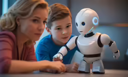 a woman and child look at a robot toy