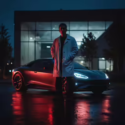 a man leaning on the front of a red sports car