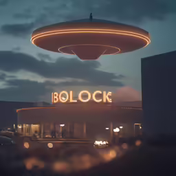 an old fashioned movie theater with a giant object above it