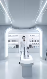 a woman in a white lab coat cleaning a big counter
