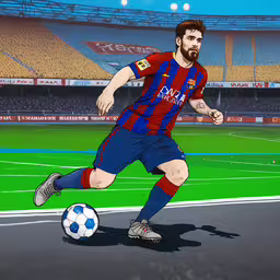 there is a drawing of a soccer player on the field,a man running with a soccer ball during a game