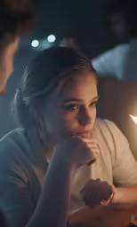 a woman looking at a light with her hand on her chin