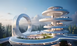 a modern architecture building in the middle of a forested area