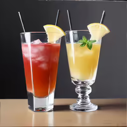 three beverages are sitting on a table in front of a dark wall