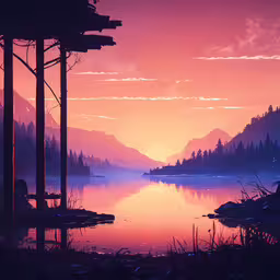 a painting with a lot of water and mountains on it,the sunset and mountains are reflected in a lake