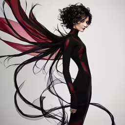 a woman with a very long black hair and red skin is standing