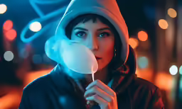 a woman blowing up a large white lollypop