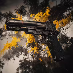 a gun is laying down in the forest with trees around it