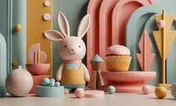 a cupcake and a rabbit doll are on the table