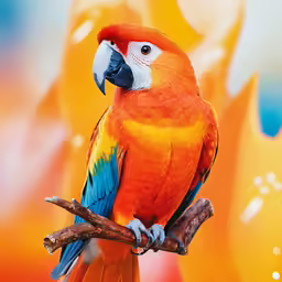 an orange parrot sitting on a tree branch in front of a background