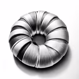 the gray striped ring sitting on top of a white floor