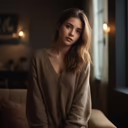 a woman sitting on a couch in a living room