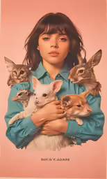 a woman holding many cats and dogs with an artistic look