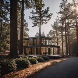 large glass house surrounded by trees in the woods