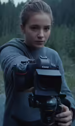 a woman holding up a camera to take a photograph