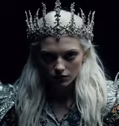a woman with long white hair wearing a crown