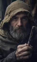 a man holding an older style object with an old face