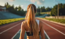the girl is walking down the race track