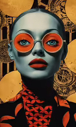 a woman with futuristic make - up and glasses has an orange painted circle on her eyes
