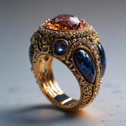 an elaborately shaped gold ring is adorned with blue and brown stones