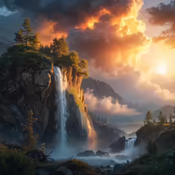 some trees are on the rocks near a waterfall