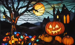 a couple of pumpkins with halloween lights on