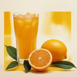 a glass and two pieces of oranges on a table