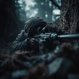 a man in a forest with a rifle