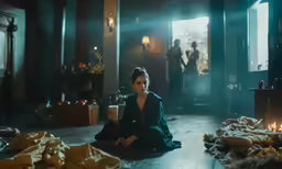 woman sitting on floor next to lit candles at night