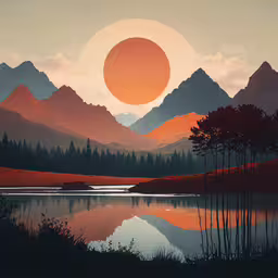 a painting of the sun setting over a mountain range,a painting with a sun over mountains near water