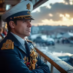 a navy man is standing outside on the balcony