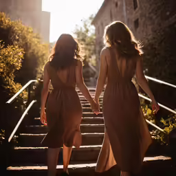 two young women walking down steps holding hands