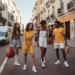 three girls walking down the street with one holding shopping bags