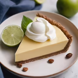 a slice of lime pie sits on a white plate