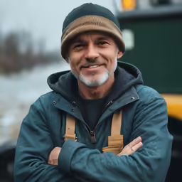 a man is wearing a blue jacket and standing near a dump truck