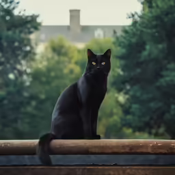 black cat looking straight ahead sitting on top of an old iron fence