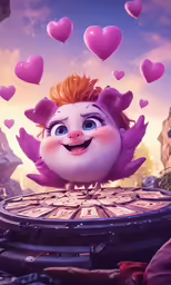 an animated character, surrounded by pink hearts, looks happy
