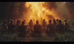 a group of people gather in a field near a fire