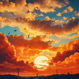 the sun rising with orange clouds over some hills,colorful clouds in the sky with birds flying over them