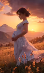 a pregnant woman standing in a field of grass and weeds