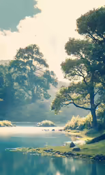 the calm water is surrounded by trees