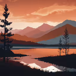 a photo with some water in it and mountains,this is a sunset over a lake and mountain range
