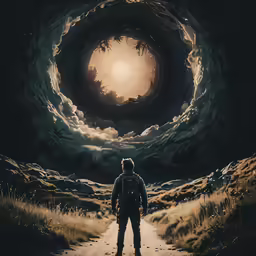 a man standing in front of a dark sky tunnel