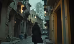 person walking down city street in dark setting