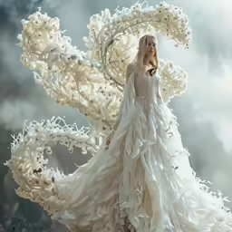 a female with white dress and a flower on a branch
