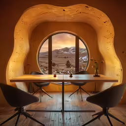 the table has three chairs on it with a round window looking out into the sky