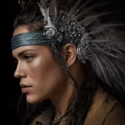 a woman in feathered headdress wearing a head piece